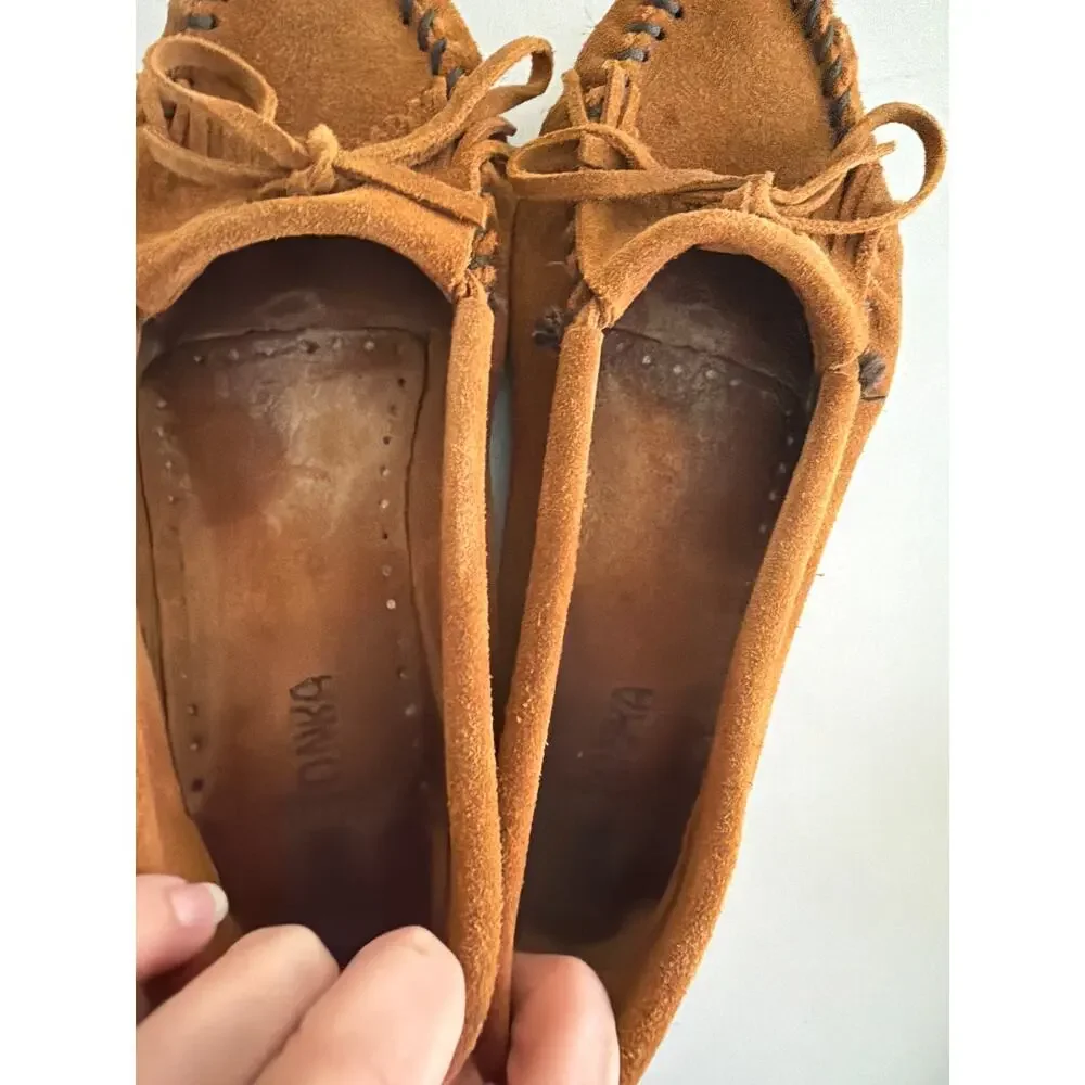 Minnetonka Kilty Moccasins Brown Suede Fringe Loafers Boho Southwestern 8.5